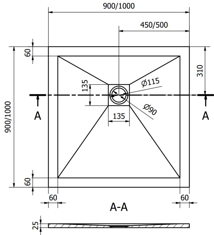 Mexen Stone+, štvorcová vanička z minerálneho kompozitu 100 x 100 cm, čierna matná, 44701010