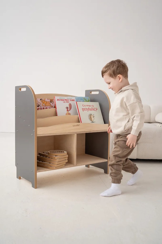 Dětský montessori regál s knihovnou, šedý - 74 x 75 cm