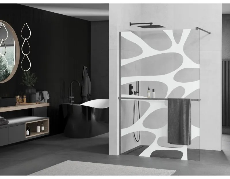 Mexen Kioto+, sprchová zástena Walk-In s poličkou a vešiakom 70 x 200 cm, 8mm číre sklo biely vzor, grafitový profil, 800-070-121-66-97