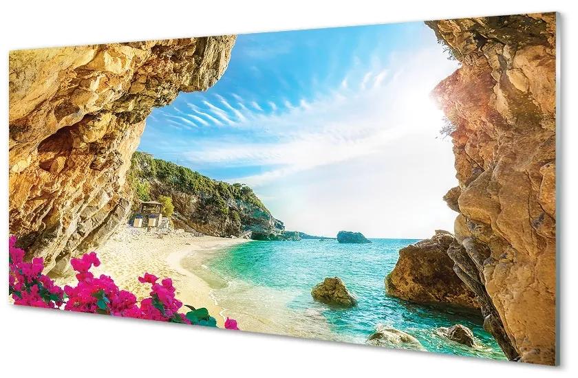 Sklenený obraz Grécko pobrežie útesy kvety 120x60 cm