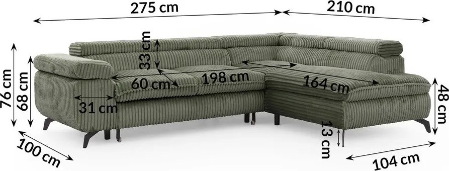 Zelená menčestrová rohová pohovka (pravý roh/do L) Marbeya – Ropez