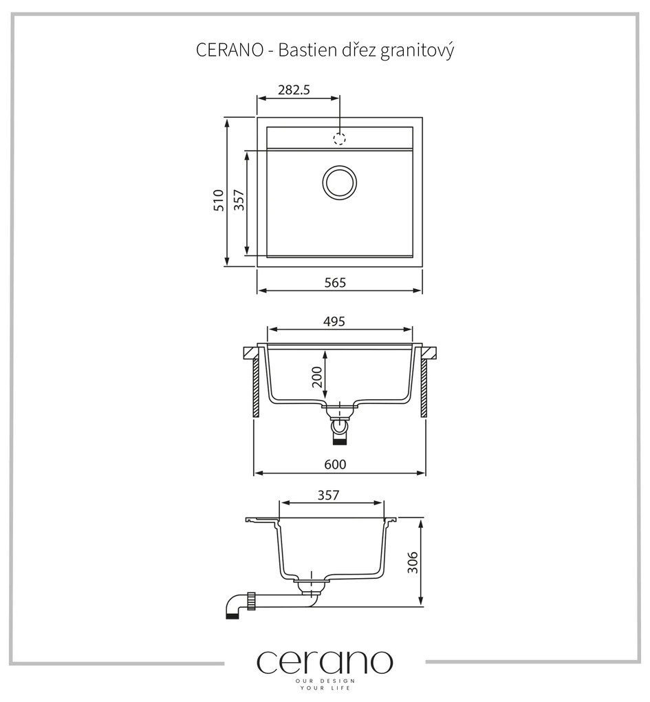 Cerano Bastien, 1-komorový granitový drez 565x510x200 mm, čierna metalická, CER-LIVSQQ100-B
