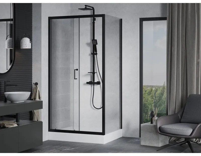 Mexen Apia, sprchový kút s posuvnými dverami 100 (dvere) x 80 (stena) cm, 6mm číre sklo, čierny profil + biela sprchová vanička RIO, 840-100-080-70-00-4510