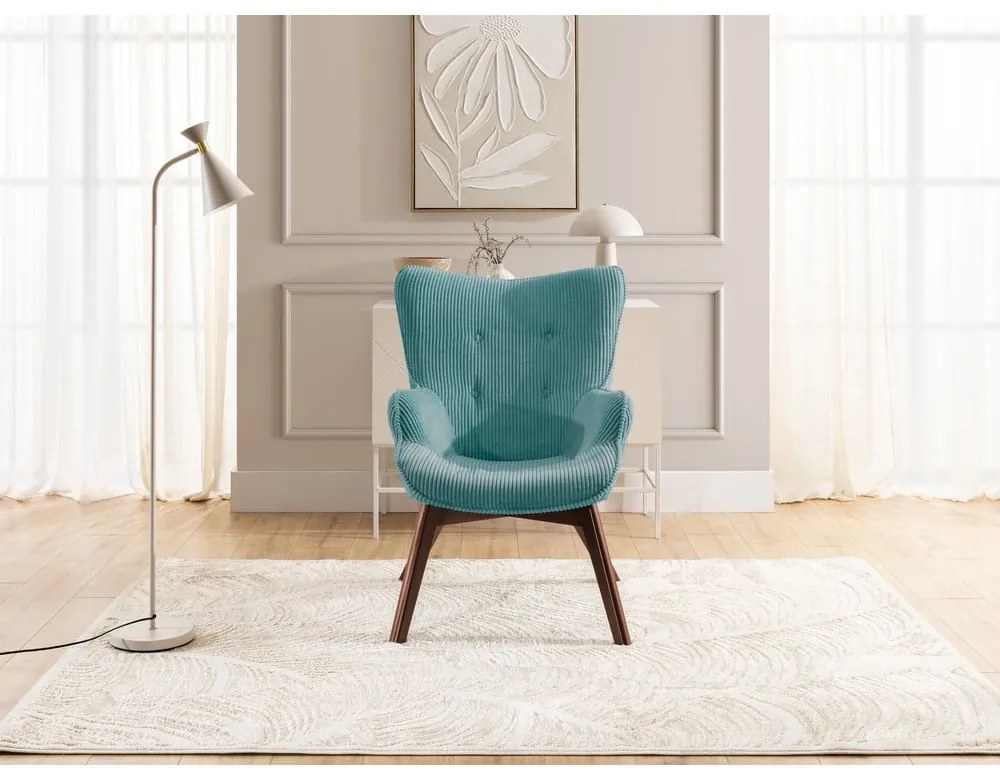 Tyrkysové menčestrové kreslo s podnožkou Niko – Ropez