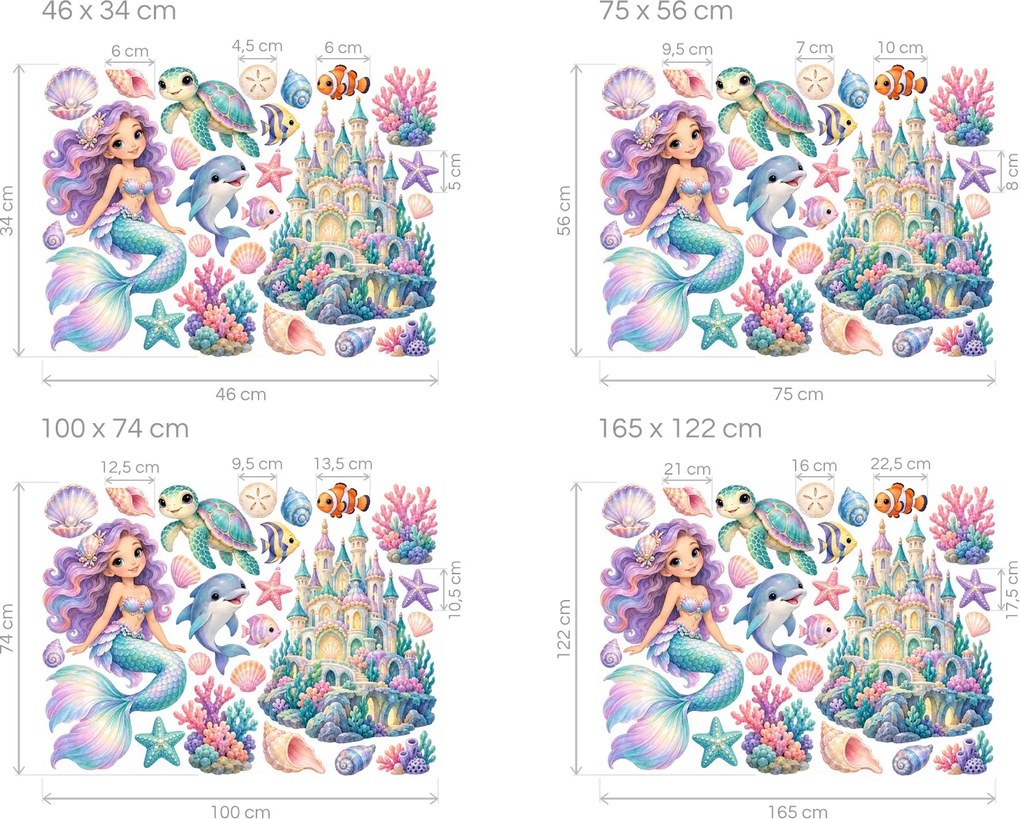 Morská víla a perlový zámok pastelové nálepky na stenu do izby pre dievčatká hárok 46 x 34 cm