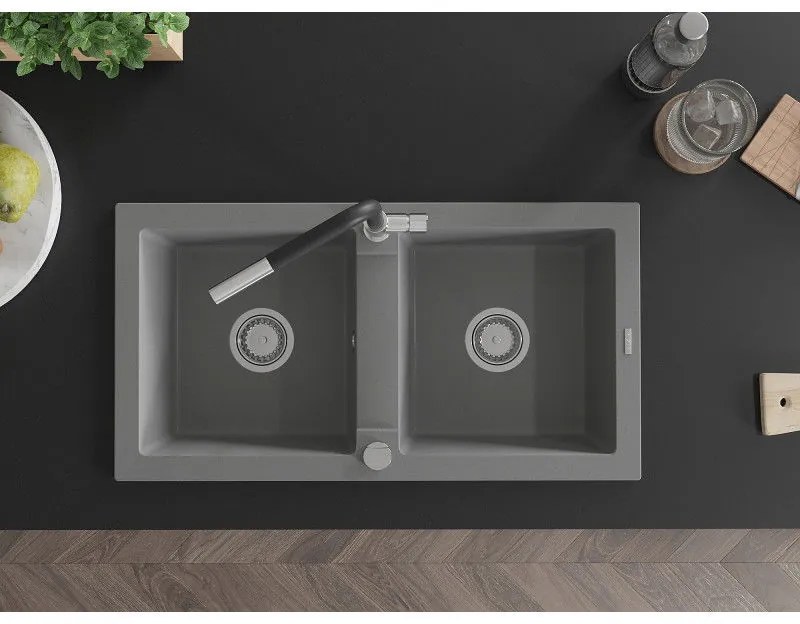 Mexen Mario, 2-komorový granitový drez 820x436x161 mm a drezová batéria Flora, šedá, 6504-71-670401-07