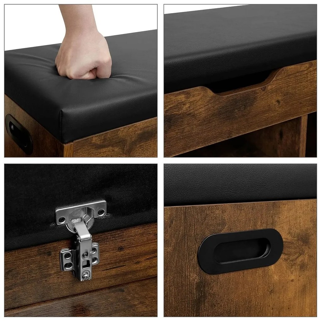 Botník s lavicou a úložným priestorom LUJZA, 80x30x44cm, tmavá hnedá/čierna Vasagle