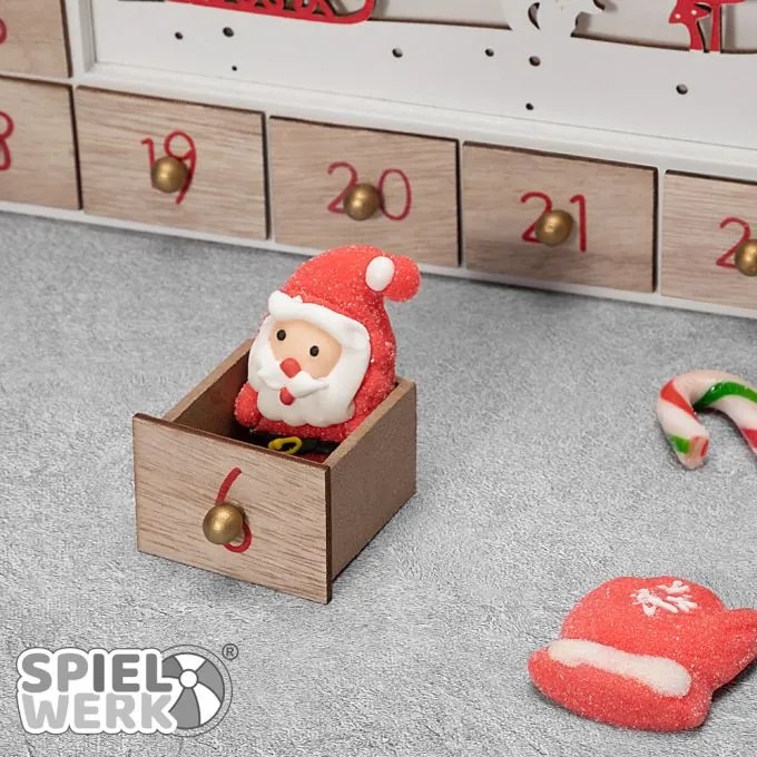 Spielwerk Drevený adventný kalendár SANTA CLAUS s osvetlením, 35x6x27cm, biela/hnedá