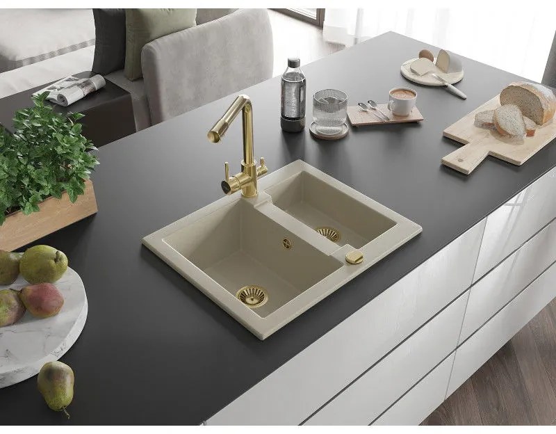Mexen Carlos, 1,5-komorový granitový drez 582x475x177 mm a drezová batéria Duero, béžová, 6518-69-671600-50
