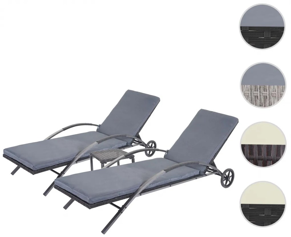 Set 2 záhradných lehátok HWC-E27, polyratan, sivé vankúše - tmavo sivá