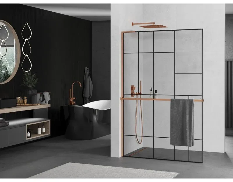 Mexen Kioto+ L, sprchová zástena Walk-In s poličkou a vešiakom 70 x 200 cm, 8mm číre sklo čierny vzor, ružové zlato profil, 800-070-123-60-78