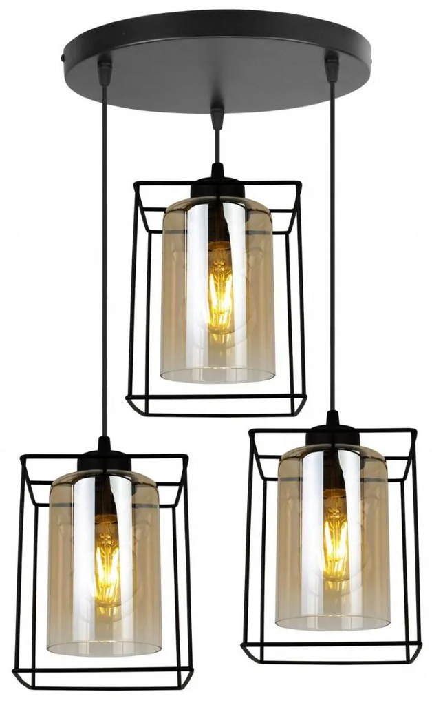 Závesné svietidlo Hella Cage, 3x medové sklenené tienidlo v kovovom ráme, o
