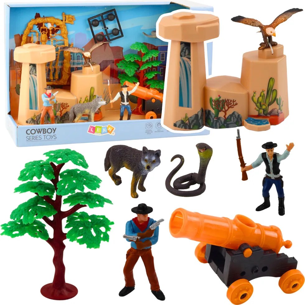 LEAN Toys Sada kovbojských figúrok divoký západ čln delo