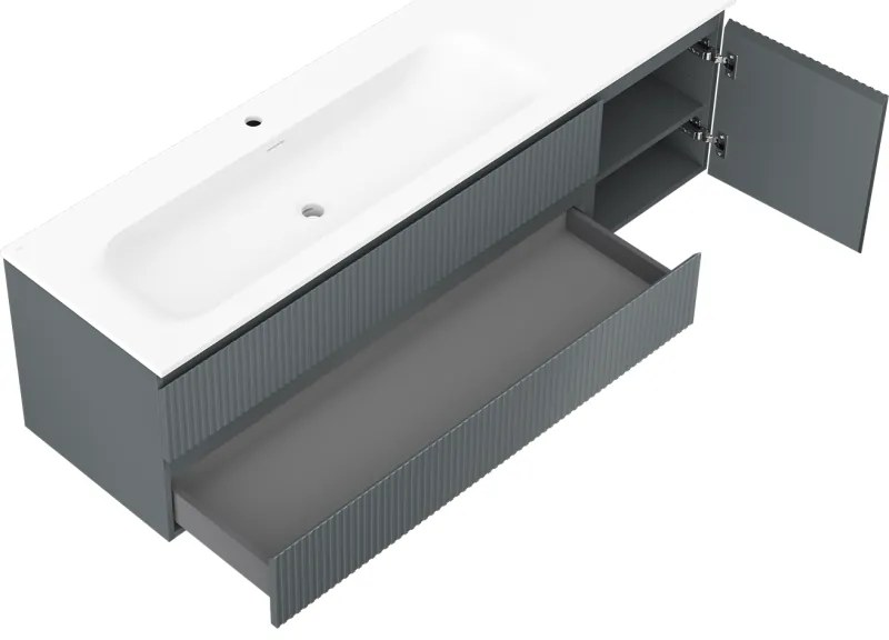Mexen Rivel, kúpeľňová skrinka 160 cm s ľavým umývadlom Vela, 2S, 1D, drážkovaná, grafitová/biela matná, 91A23-16047-3-BBFFF66-W23L01