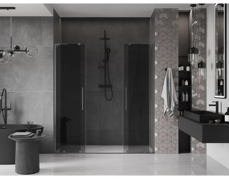 Mexen Velar L Duo, posuvné sprchové dvere do otvoru 180 cm, 8mm šedé sklo, grafit brúsený, 871-180-003-42-66