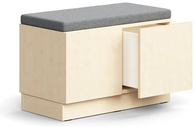 Lavica s úložným priestorom QBUS, so soklom, push otváranie, 534x800x420 mm, breza, šedé čalúnenie