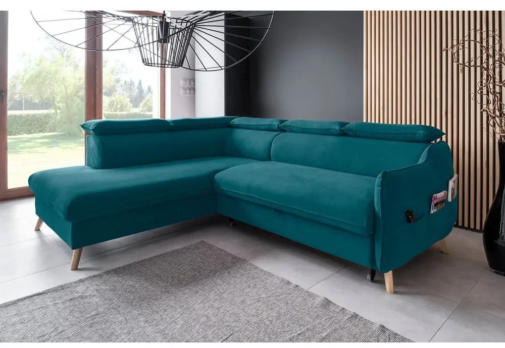 Tyrkysová zamatová rozkladacia rohová pohovka (ľavý roh) Sweet Harmony – Miuform