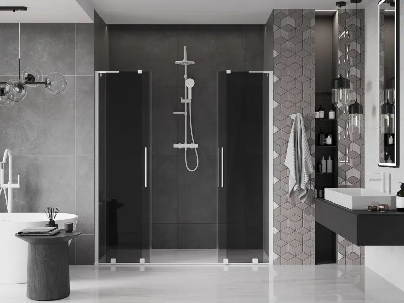 Mexen Velar L Duo, posuvné sprchové dvere do otvoru 180 cm, 8mm šedé sklo, biela matná, 871-180-003-42-20