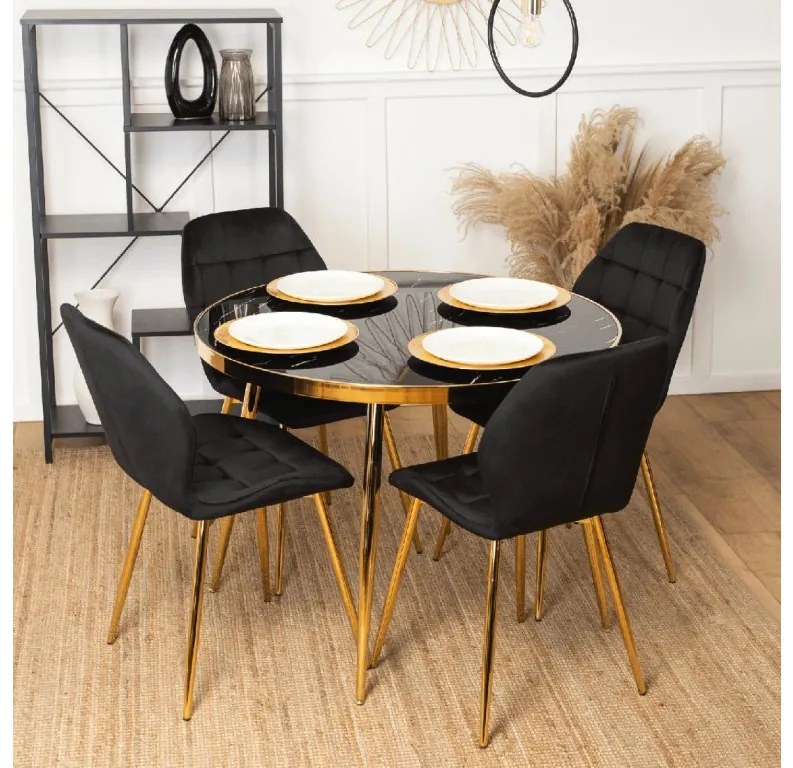 Jedálnský okrúhly stôl AMADORA čierny mramor zlaté nohy 100cm - vintino.sk
