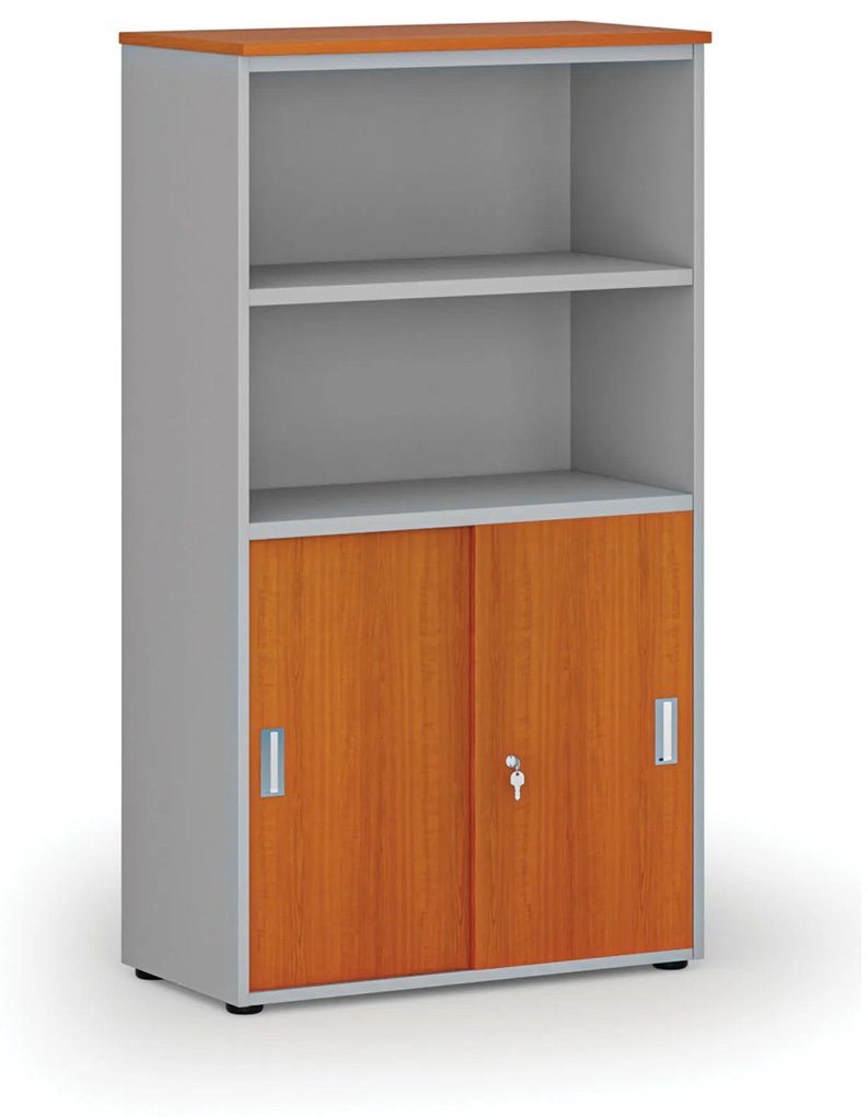 Kombinovaná kancelárska skriňa PRIMO GRAY, zasúvacie dvere na 2 poschodia, 1434 x 800 x 420 mm, sivá/čerešňa