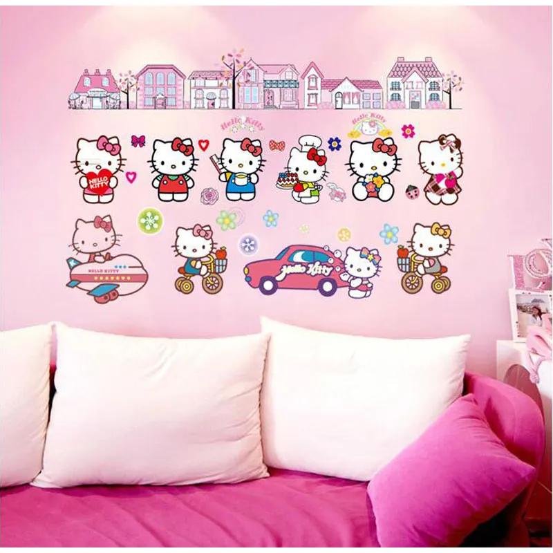Veselá Stena Samolepka na stenu na stenu Hello Kitty s domčekmi