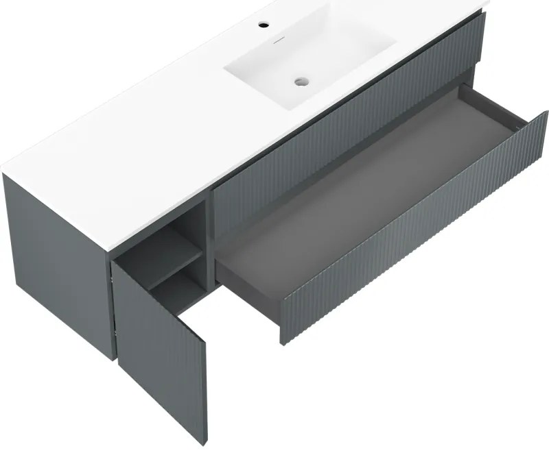 Mexen Rivel, kúpeľňová skrinka 160 cm s pravým umývadlom Otis, 2S, 1D, drážkovaná, grafitová/biela matná, 91A23-16047-3-BBFFF66-W18P01