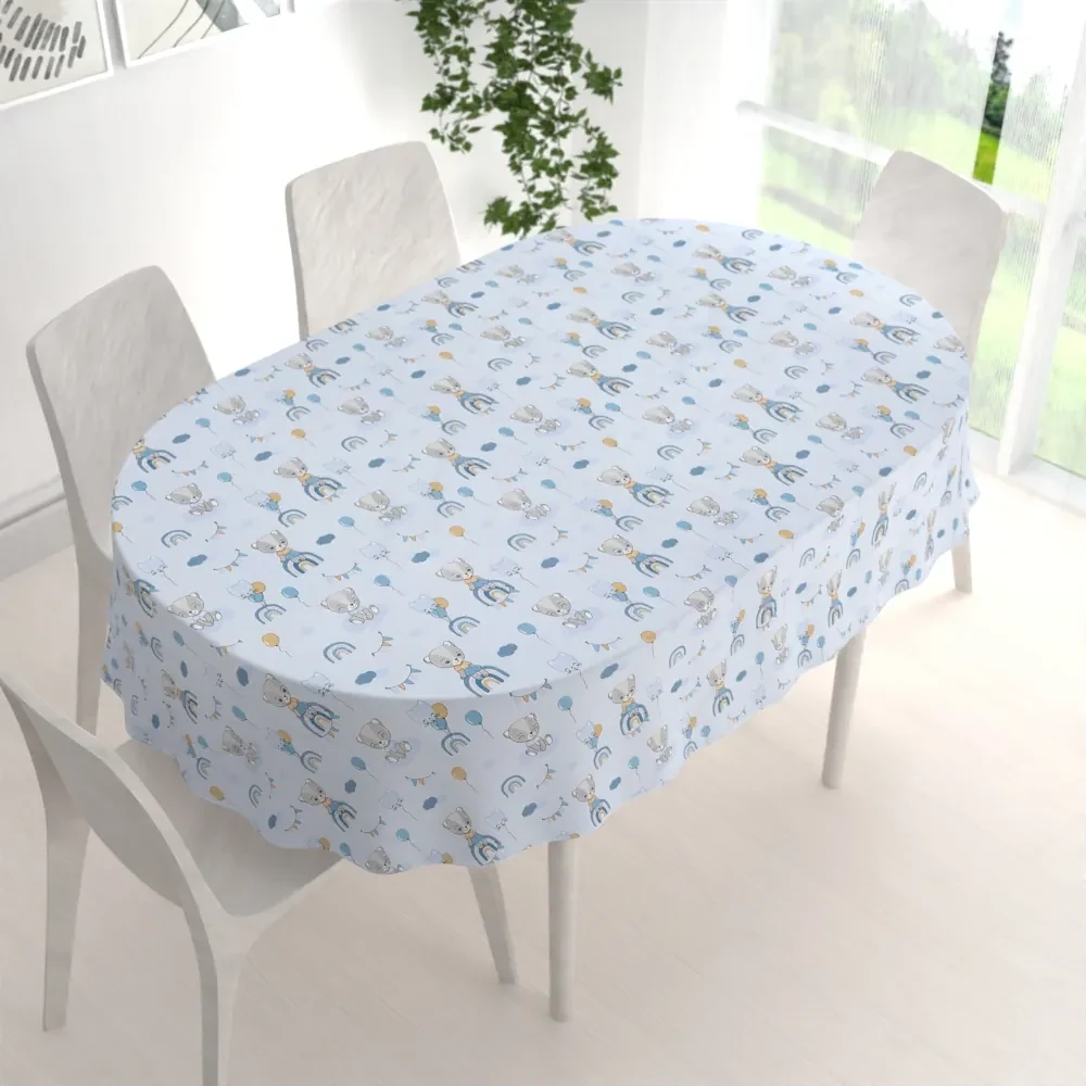 Biante Detský bavlnený oválny obrus Sandra SA-463 Medvedíky s balónikmi na svetlo modrom 60x100 cm