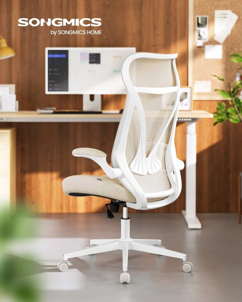 Ergonomická kancelárska stolička s nastaviteľnou výškou a sklápacími opierkami rúk, béžová