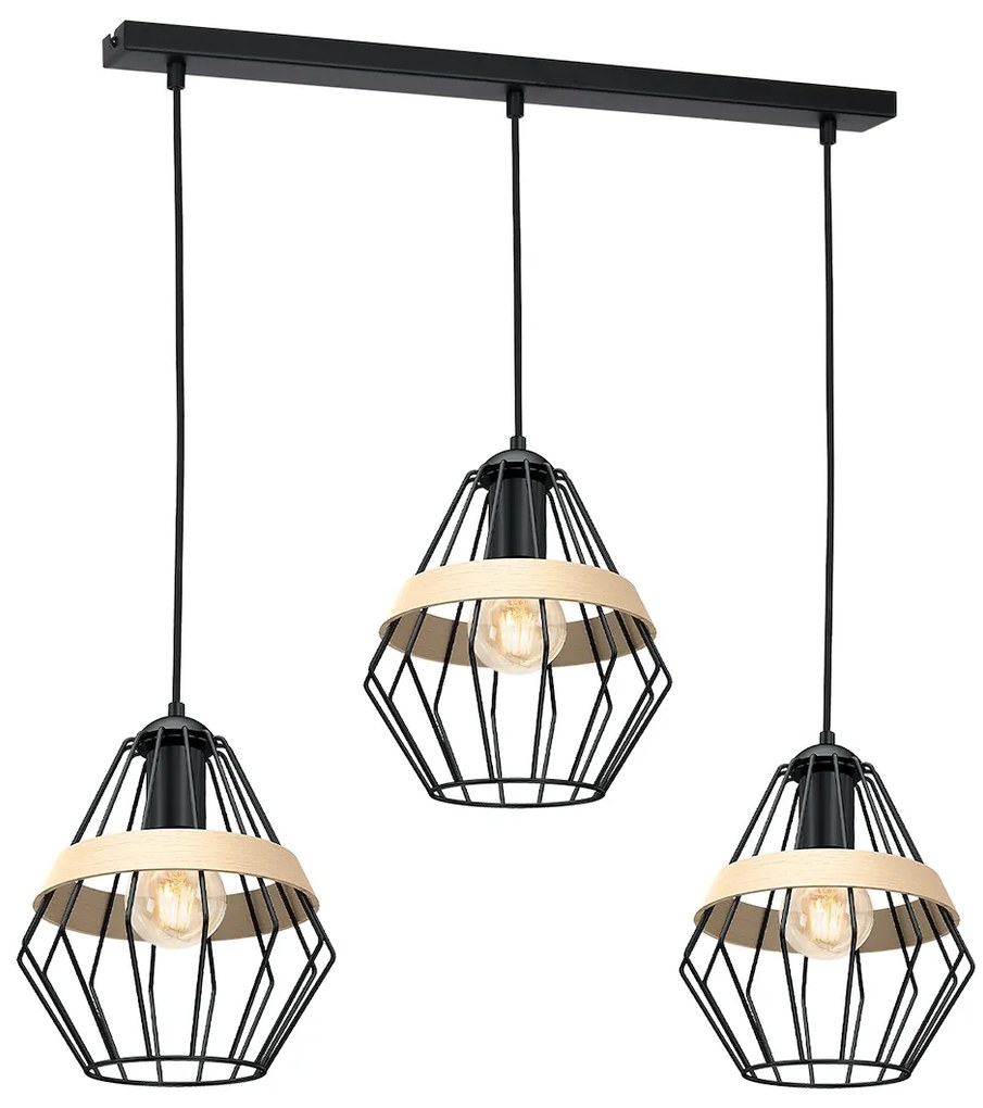 Závesné svietidlo Cliff, 3x drevené/čierne drôtené tienidlo, b