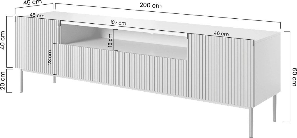 TV skrinka so zásuvkami Nicole 200 cm - biely mat / zlaté nožičky