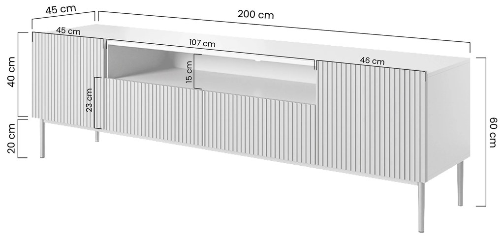 TV stolík Nicole 200 cm s výklenkom a zásuvkami – biely mat / zlaté nožičky