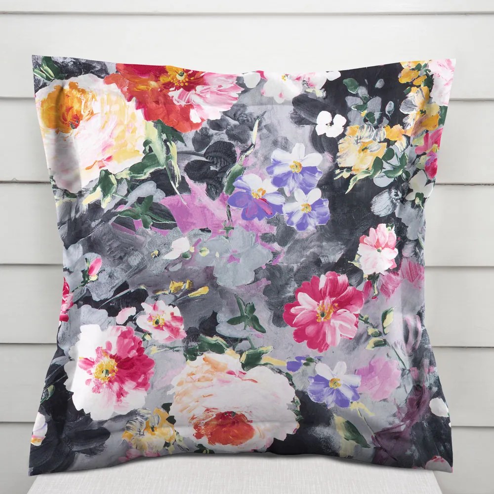 Biante Dekoračná obliečka na vankúš s lemom PM-020 Maľované kvety na sivom 60 x 60 cm