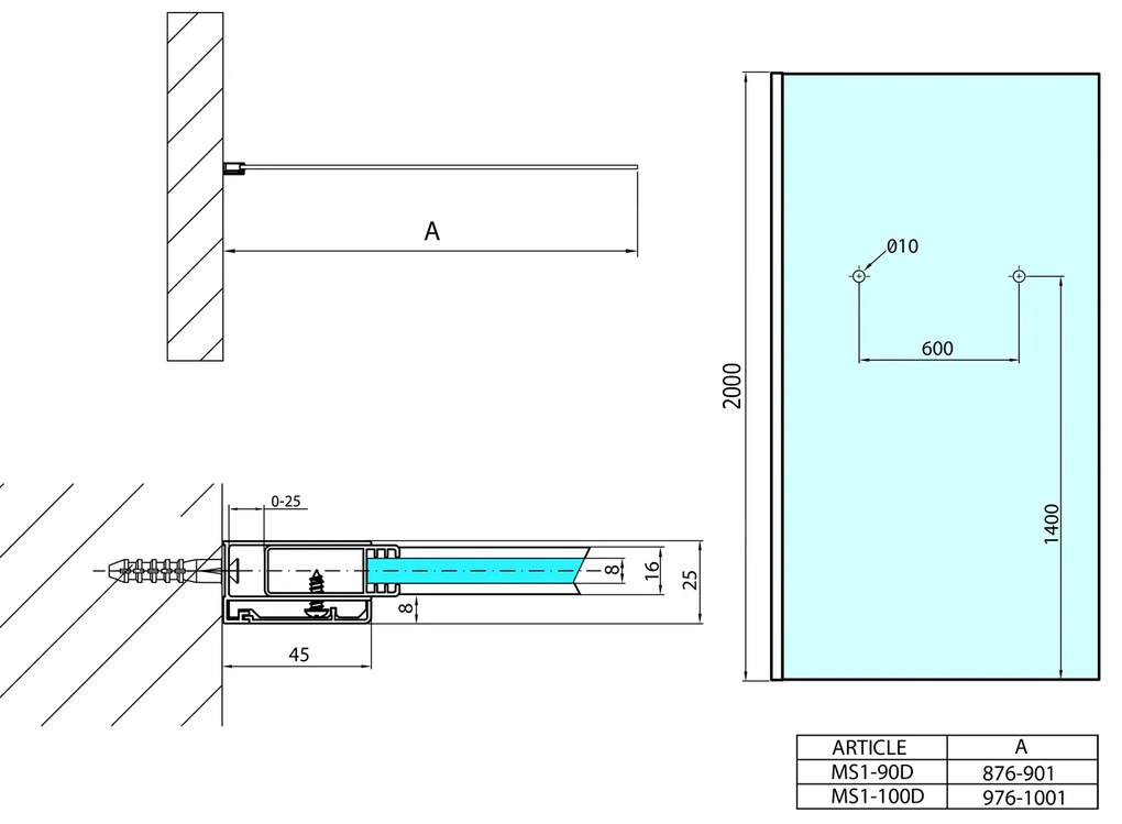 Polysan Polysan, MODULAR SHOWER stena na inštaláciu na múr, jednodielna, 1000 mm s otvormi na držiak uterákov, MS1-100-D