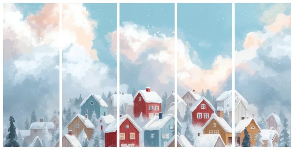 5-dielny obraz zimná dedina splnených prianí