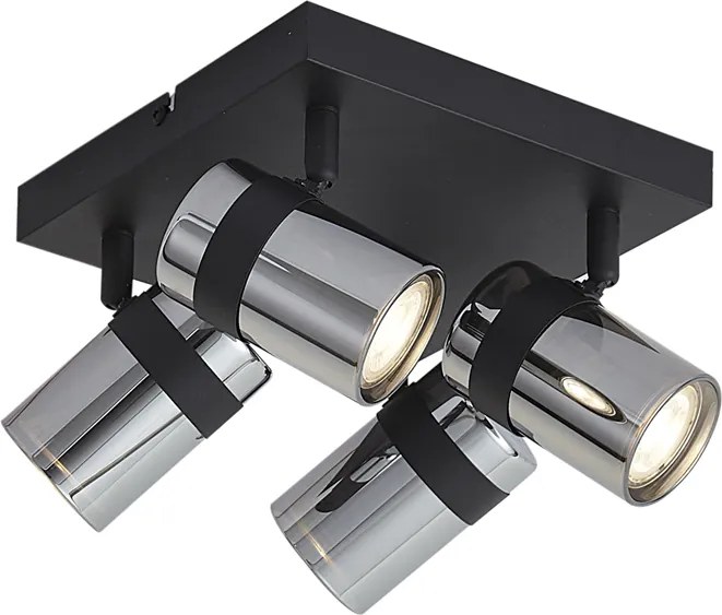Stropný reflektor čierny s dymovým sklom 4-svetlá otočný a naklápací - Gianni