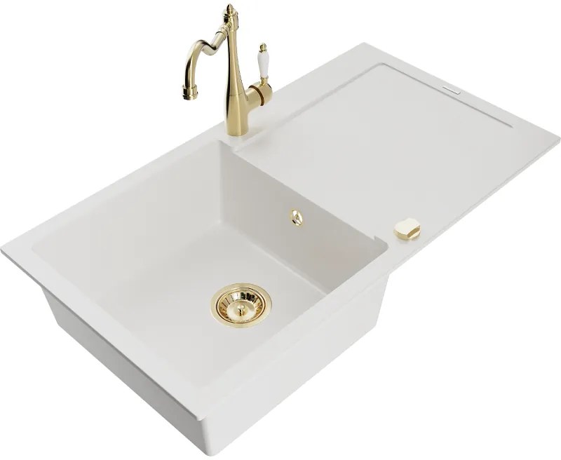 Mexen Leo, granitový drez 900x500x190 mm, 1-komorový a drezová batéria Carla, biela, 6501-20-670700-50