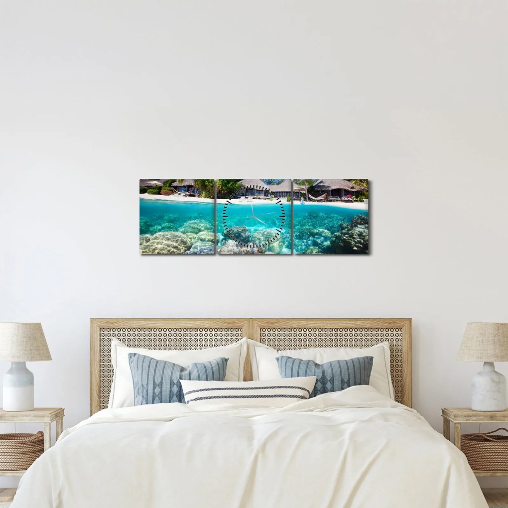 Obraz pláže na tropickom ostrove (s hodinami) (90x30 cm)