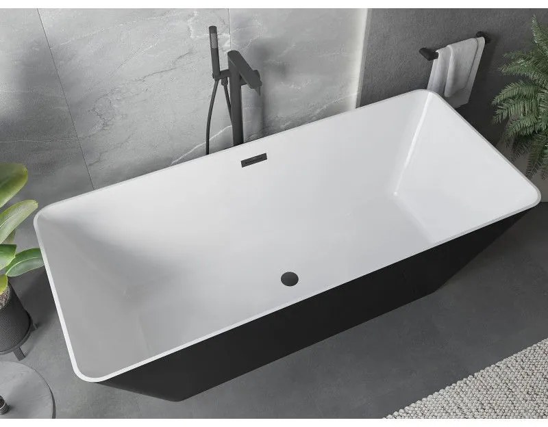 Mexen Velo Slim, voľne stojaca vaňa 170 × 75 cm, biela lesklá, čierny prepad, 52811707500-70