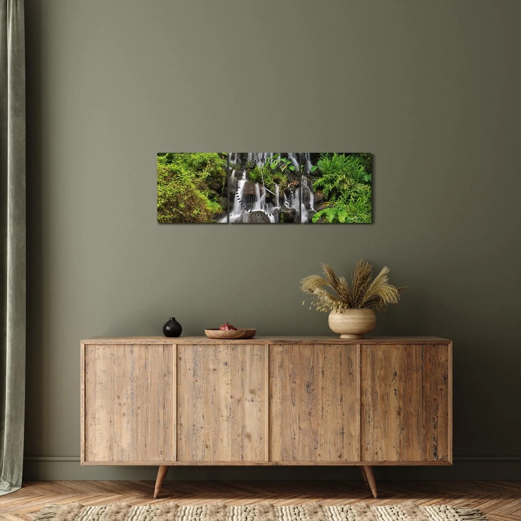 Obraz vodopádov v tropickom lese (s hodinami) (90x30 cm)