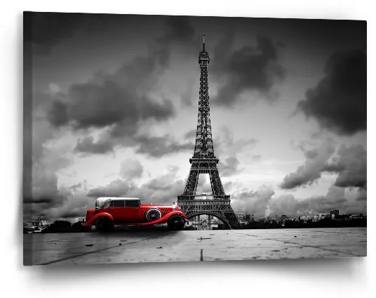 Sablio Obraz Eiffelová veža a červené auto - 90x60 cm