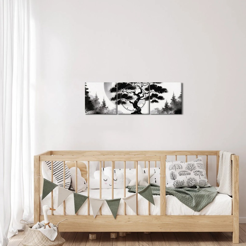 Obraz – Čiernobiela bonsai (s hodinami) (90x30 cm)