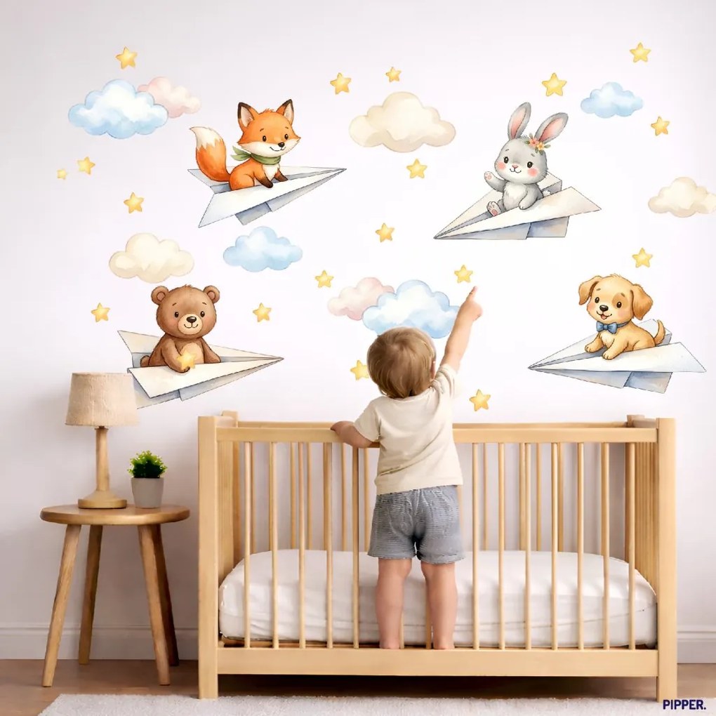 PIPPER. Textilná nálepka na stenu "Zvieratká v papierových lietadielkách"