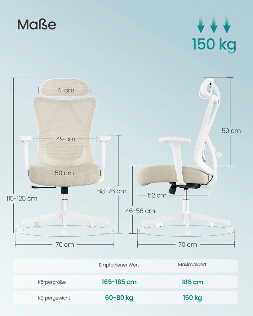 SONGMICS ergonomická kancelárska stolička, výškovo nastaviteľná, bielo-béžová