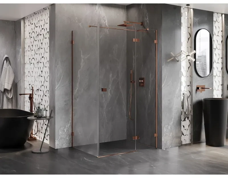 Mexen Lunar T, výklopný sprchový kút pravý 135 x 110 cm, 8mm číre sklo, profil ružové zlato, 834T-135-110-60-00-P