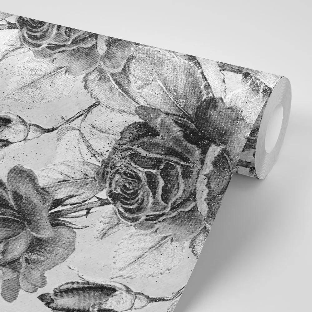 Samolepiaca tapeta čiernobiele ruže vo vintage prevedení