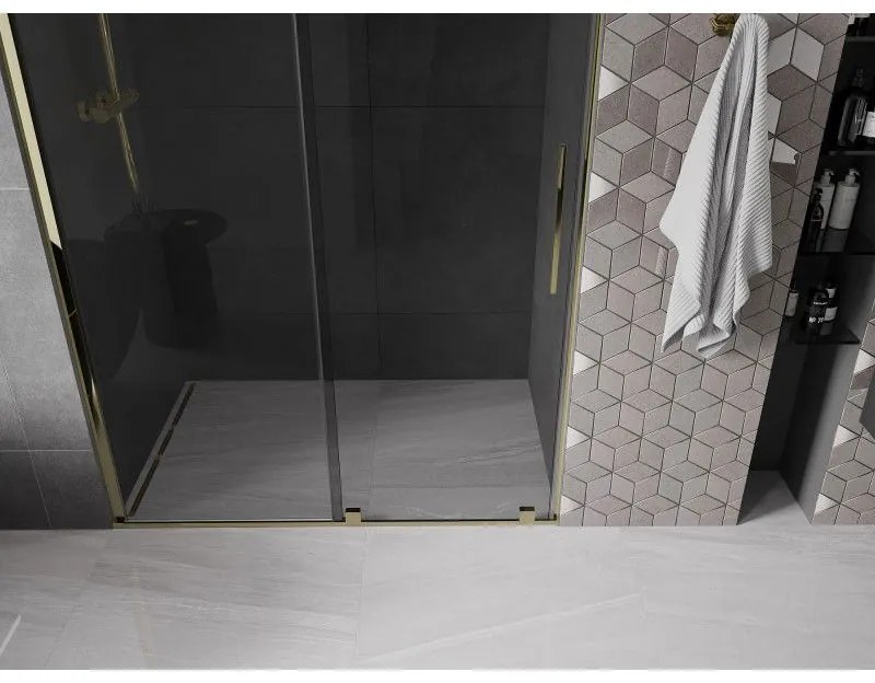 Mexen Velar, posuvné sprchové dvere do otvoru 160 cm, 8mm šedé sklo, zlatá lesklá, 871-160-000-41-50