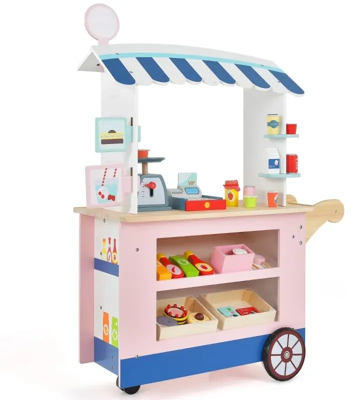 Detský drevený vozík na jedlo na 3 kolesách s pokladničným food truckom pre deti od 3 rokov.