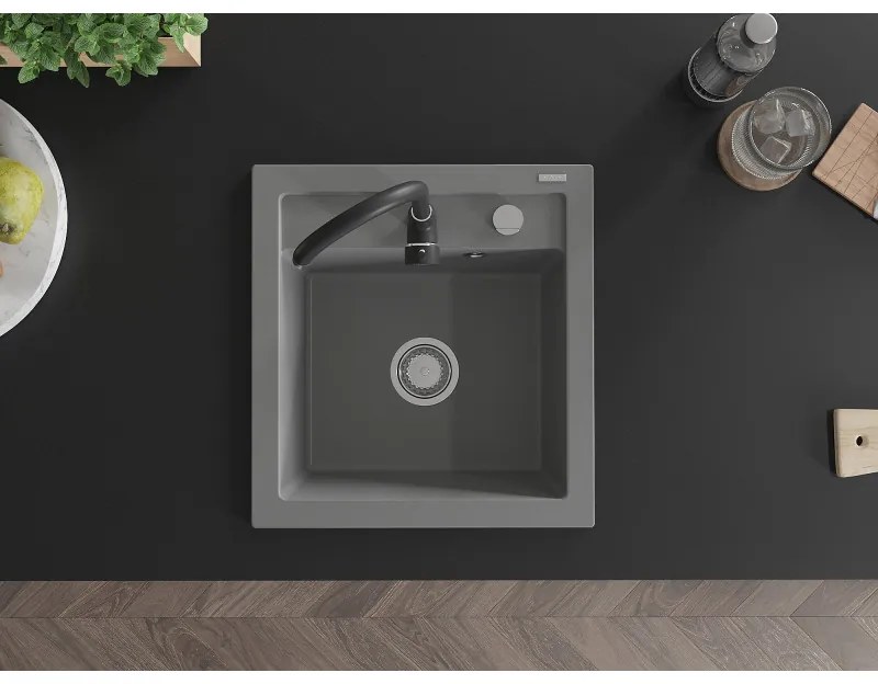 Mexen Vito, 1-komorový granitový drez 520x490x210 mm, čierna batéria Telma, šedá, 6503-71-670200-70