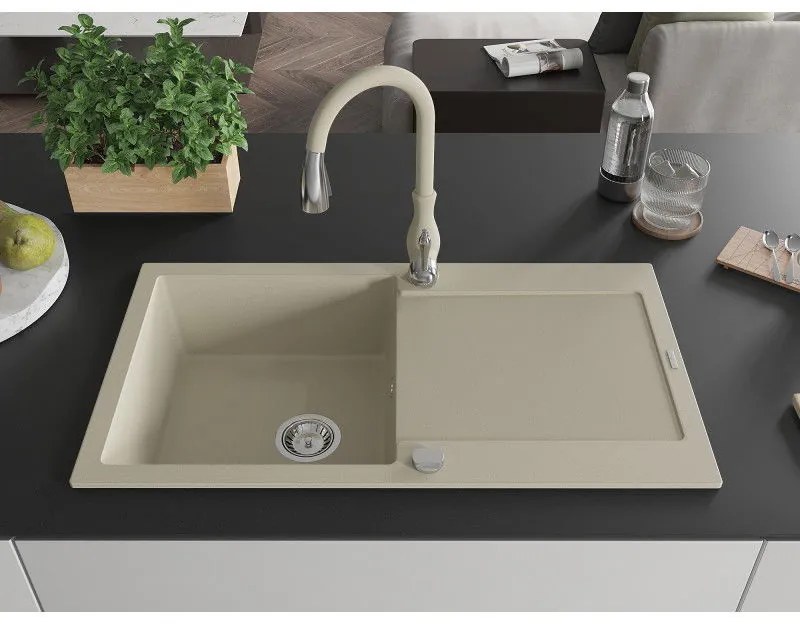 Mexen Leo, 1-komorový granitový drez 900x500x190 mm a drezová batéria Savita, béžová, 6501-69-672601-69
