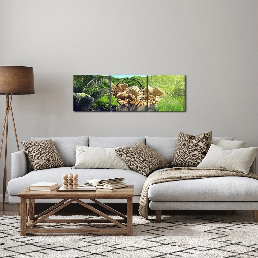 Obraz jazera v Seychelskej džungli (s hodinami) (90x30 cm)